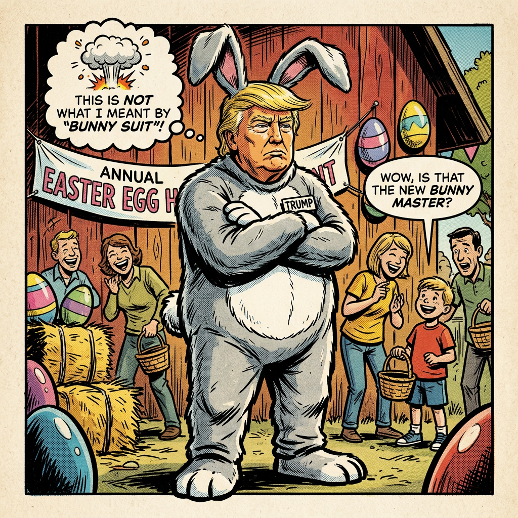 Satirical cartoon of Trump in a bunny suit with text: "THIS IS NOT WHAT I MEANT BY 'BUNNY SUIT!'"; "ANNUAL EASTER EGG HUNT"; "WOW, IS THAT THE NEW BUNNY MASTER?"; name tag "TRUMP".