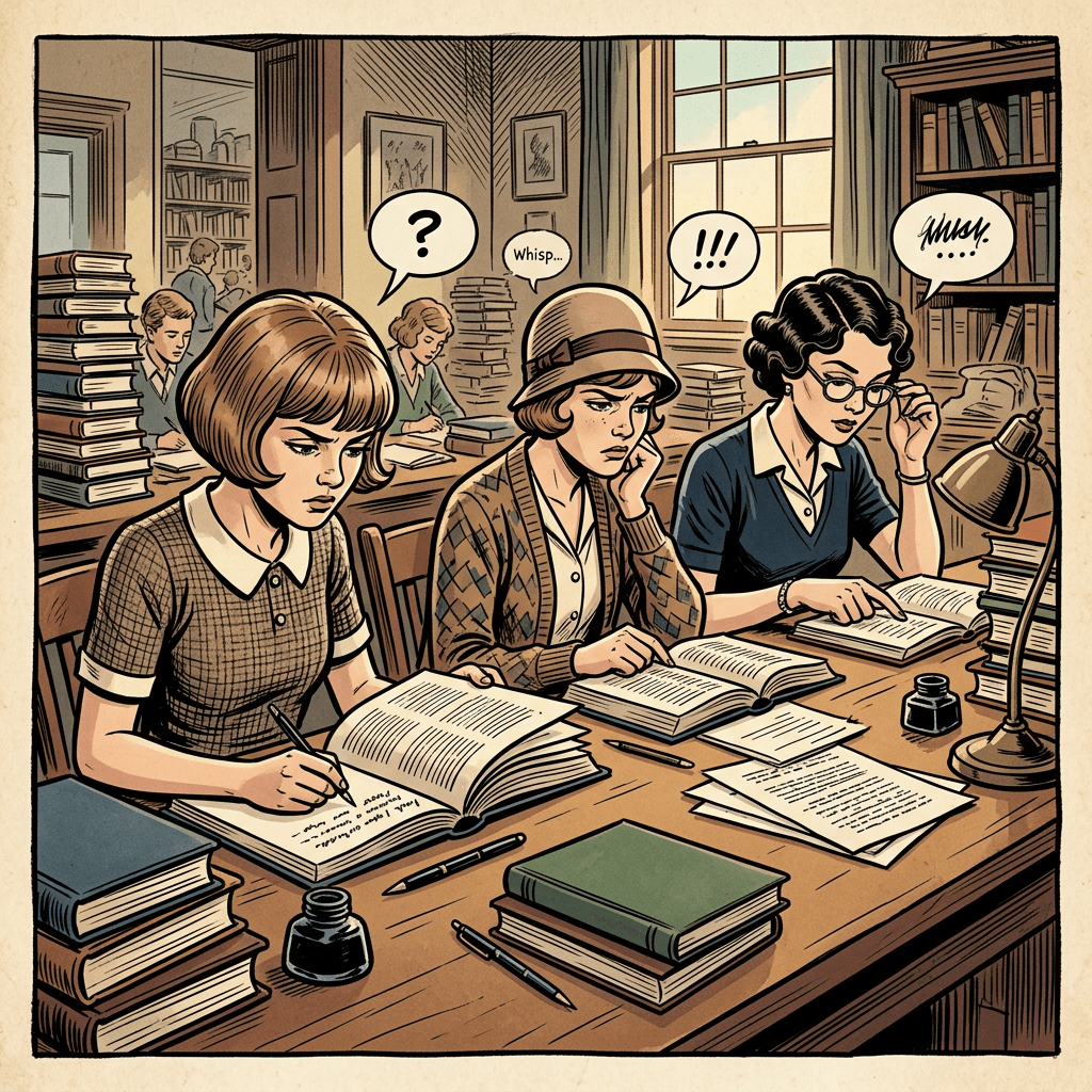 Three women studying at a library table; speech bubbles read “?”, “Whisp...”, and “!!!”.