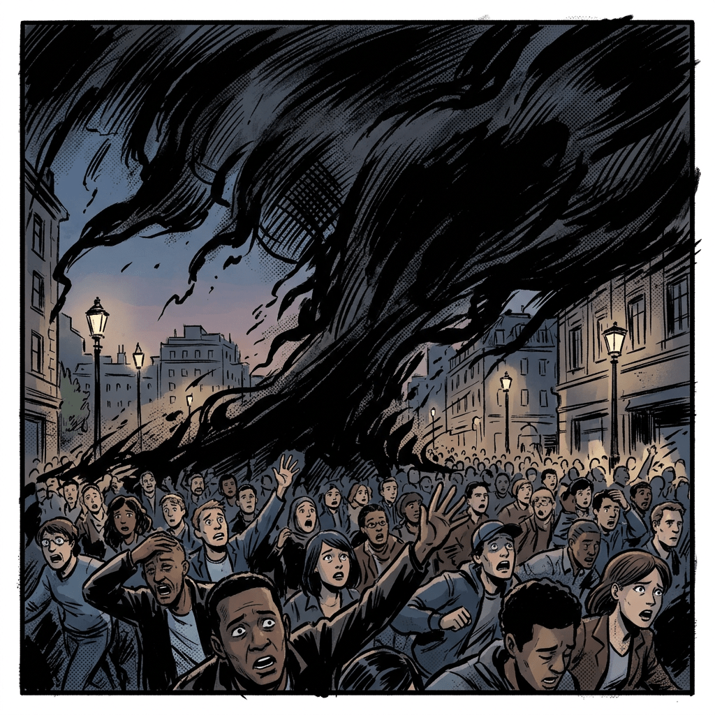 Panicked crowd fleeing through a city street beneath enormous dark clouds