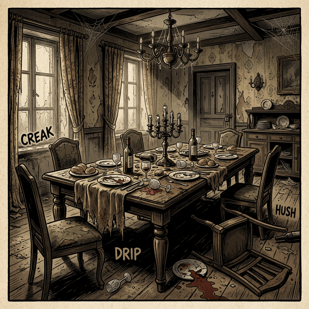 Messy haunted dining room with spilled wine, overturned chairs, candles, and words CREAK, DRIP, HUSH
