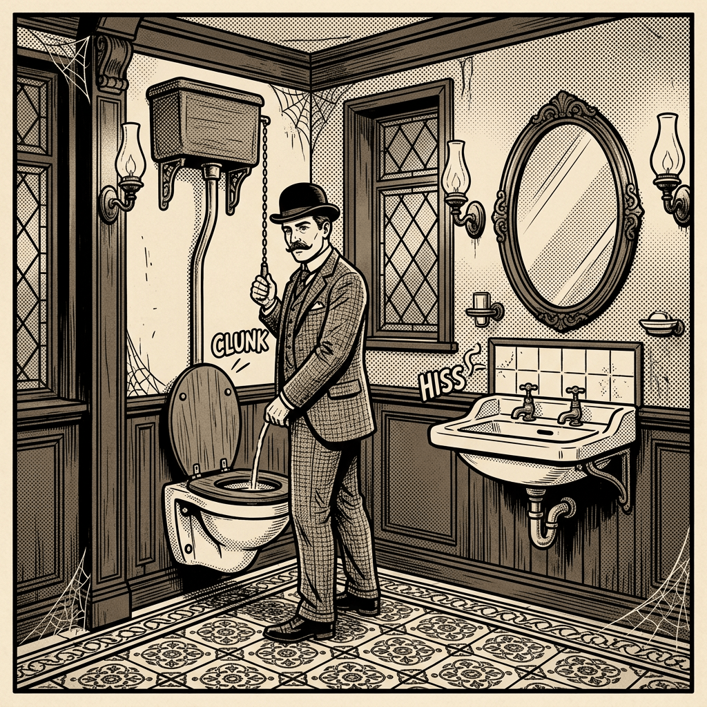 Mustached man investigating a Victorian bathroom with clunk and hiss sound effects
