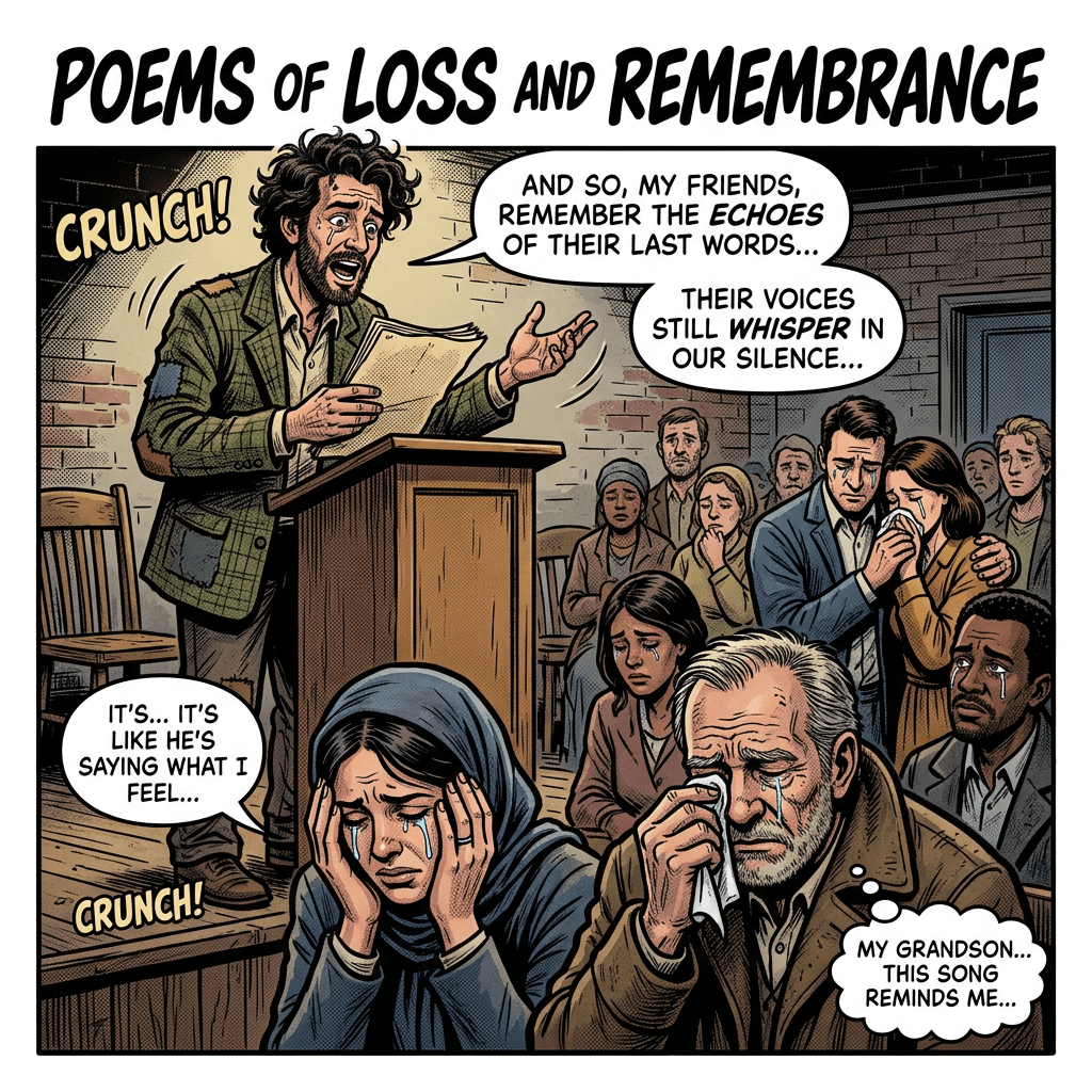 POEMS OF LOSS AND REMEMBRANCE; CRUNCH!; AND SO, MY FRIENDS, REMEMBER THE ECHOES OF THEIR LAST WORDS... THEIR VOICES STILL WHISPER IN OUR SILENCE...; IT'S... IT'S LIKE HE'S SAYING WHAT I FEEL...; CRUNCH!; MY GRANDSON... THIS SONG REMINDS ME...