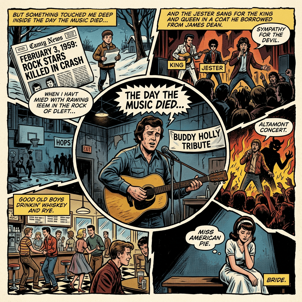 Comic collage about Buddy Holly, the Day the Music Died, and a tribute performance.