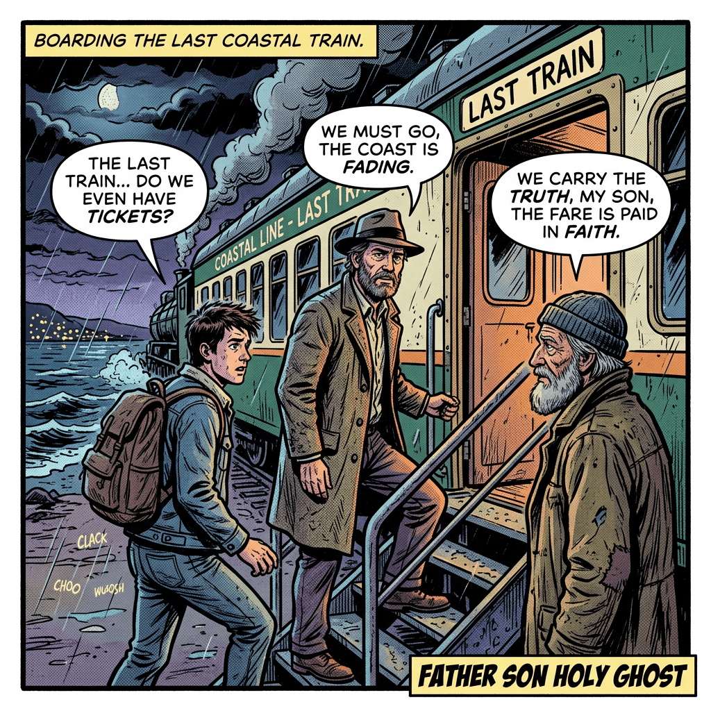 Comic panel text: "BOARDING THE LAST COASTAL TRAIN." A boy asks, "THE LAST TRAIN... DO WE EVEN HAVE TICKETS?" A man says, "WE MUST GO, THE COAST IS FADING." An older man says, "WE CARRY THE TRUTH, MY SON, THE FARE IS PAID IN FAITH." Signs read "LAST TRAIN" and "COASTAL LINE - LAST TRAIN"; labels read "CLACK," "CHOO," "WHOOSH," and "FATHER SON HOLY GHOST."