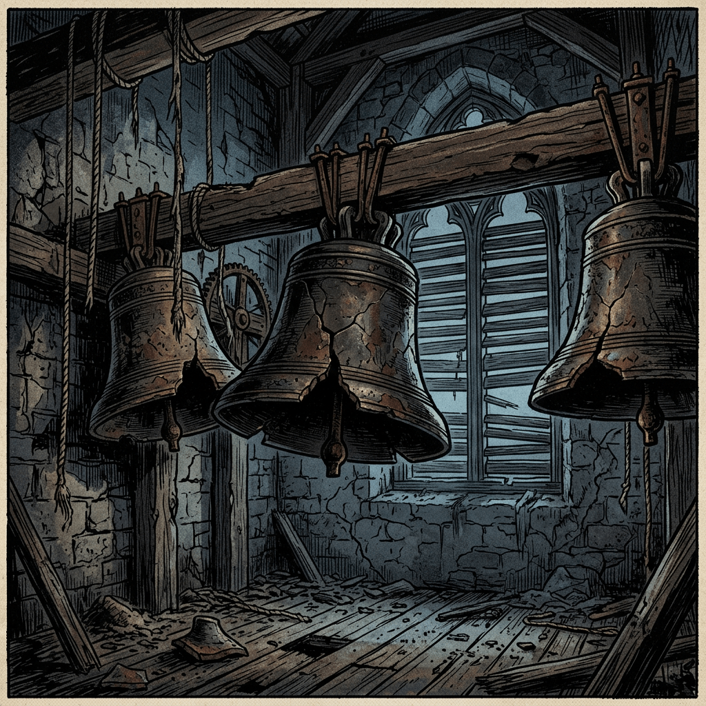 Three large bells hanging in a ruined stone tower