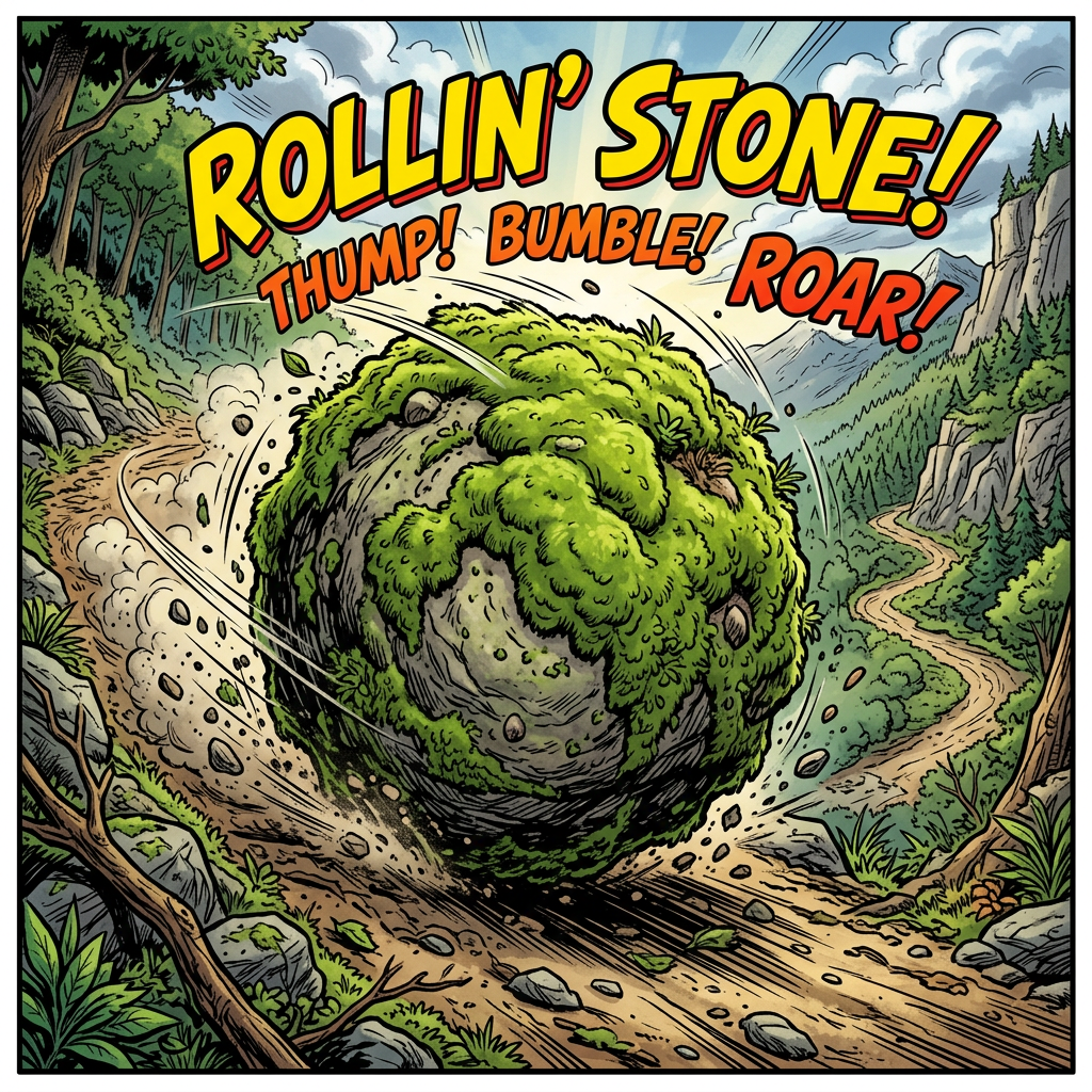 Moss-covered boulder rolling downhill with text “ROLLIN’ STONE!”, “THUMP! BUMBLE!”, and “ROAR!”