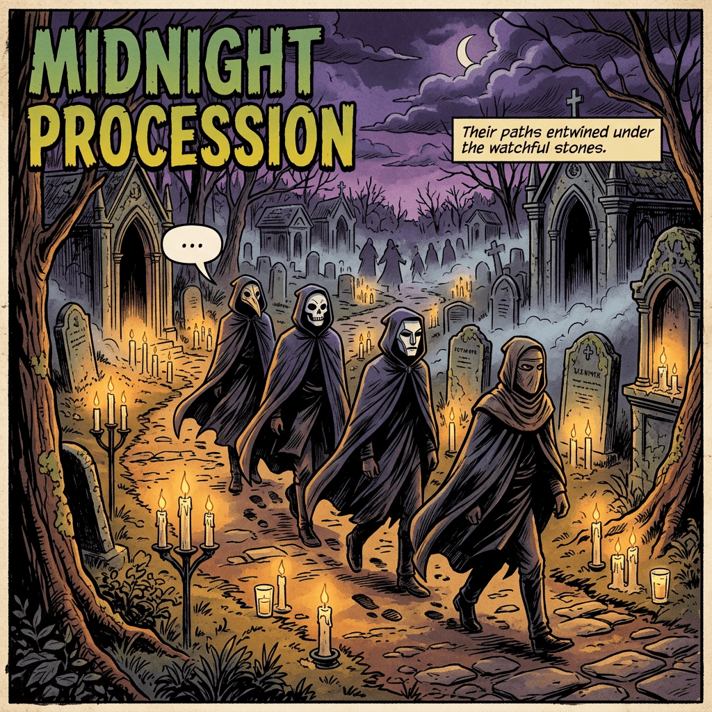 Four cloaked figures procession through a candlelit cemetery beneath a crescent moon