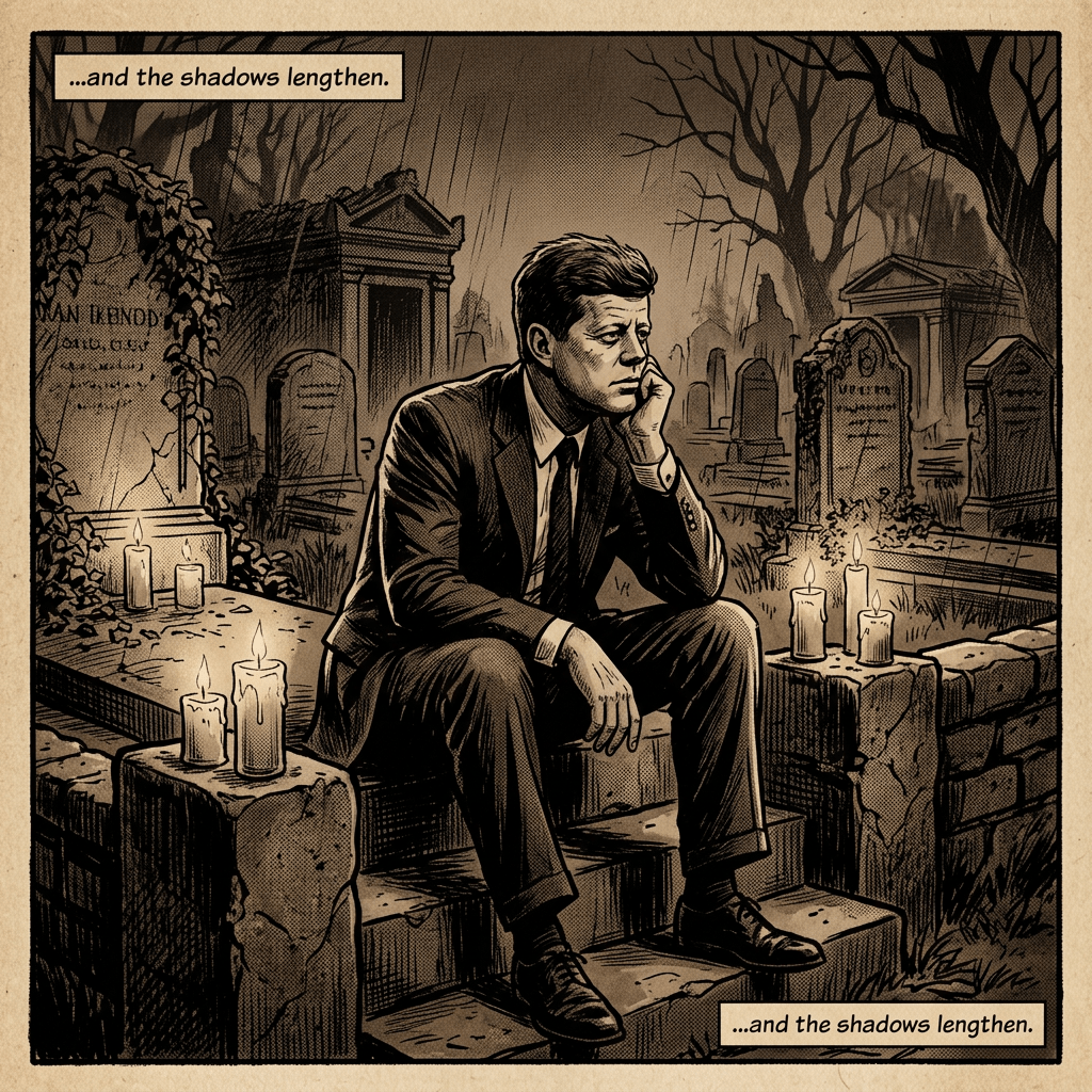 Man in a suit sitting among candlelit gravestones; text reads, "...and the shadows lengthen."