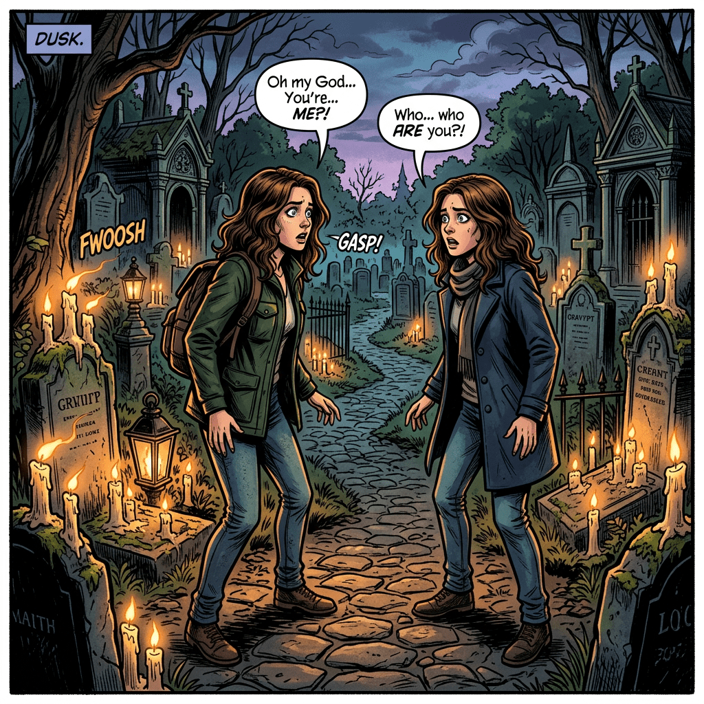 Comic panel labeled "DUSK." showing two women in a cemetery saying "Oh my God... You’re... ME?!" and "Who... who ARE you?!" with "FWOOSH" and "GASP!"