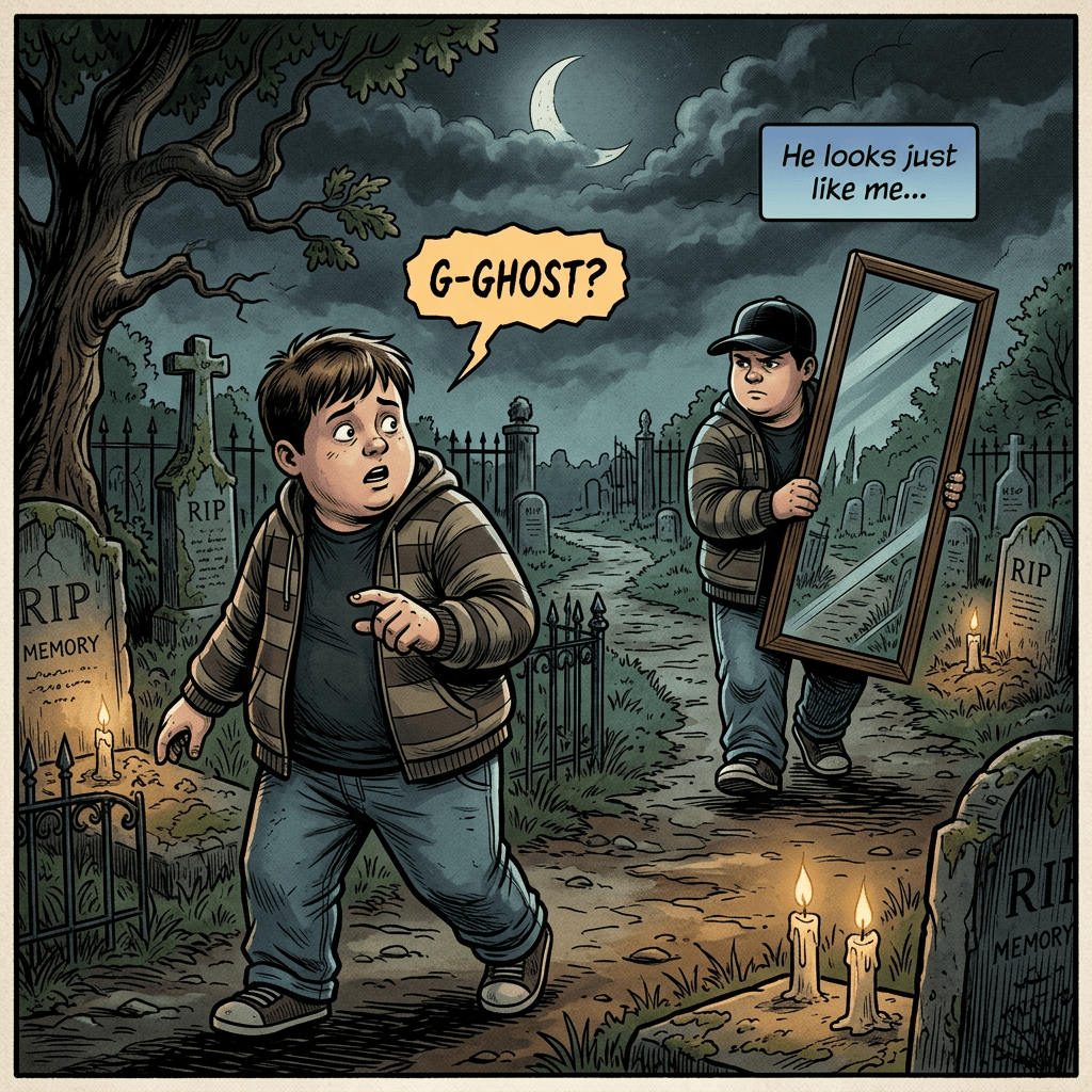 Boy exclaims “G-GHOST?” as a lookalike carries a mirror; “He looks just like me…”