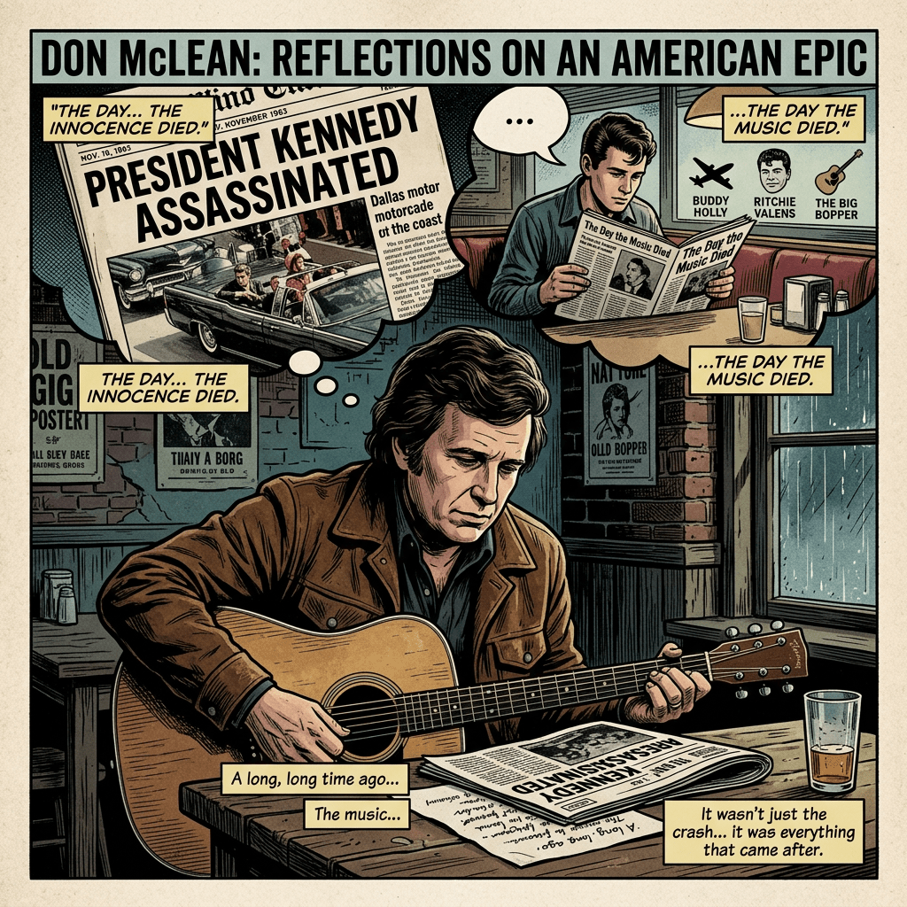 Illustration titled "DON McLEAN: REFLECTIONS ON AN AMERICAN EPIC," showing a guitarist, newspaper headline "PRESIDENT KENNEDY ASSASSINATED," and references to "THE DAY THE MUSIC DIED."