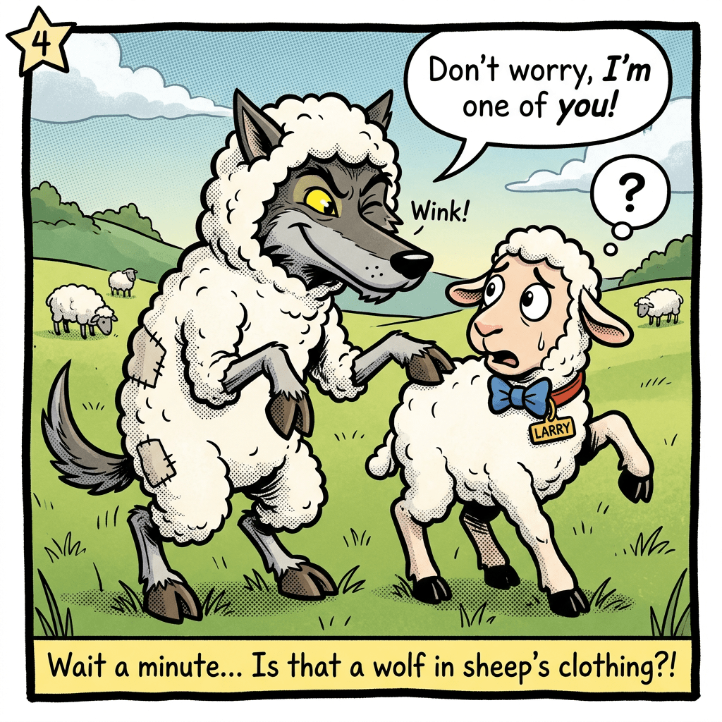 Comic text: “4,” “Don’t worry, I’m one of you!,” “Wink!,” “?,” “LARRY,” and “Wait a minute... Is that a wolf in sheep’s clothing?!”