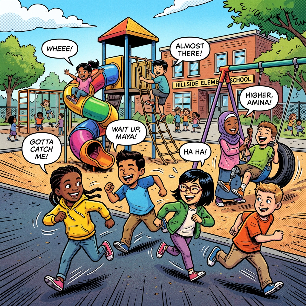 Children playing on a school playground, including children using a wheelchair swing
