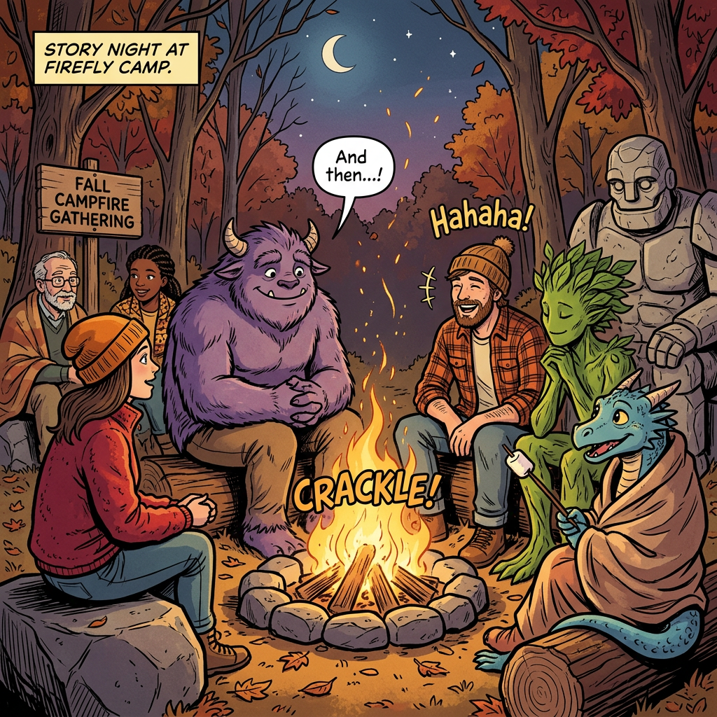 Comic scene with text: “STORY NIGHT AT FIREFLY CAMP,” “FALL CAMPFIRE GATHERING,” “And then...,” “Hahaha!,” and “CRACKLE!”