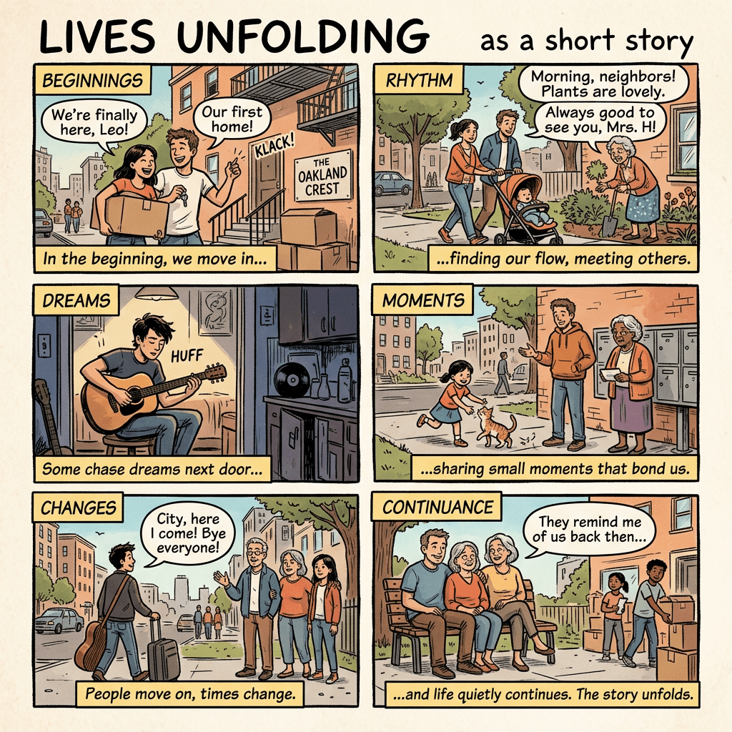 Lives Unfolding as a short story: Beginnings—“We’re finally here, Leo!”, “Our first home!”, “In the beginning, we move in...”; Rhythm—“Morning, neighbors! Plants are lovely.”, “Always good to see you, Mrs. H!”, “...finding our flow, meeting others.”; Dreams—“Some chase dreams next door...” ; Moments—“...sharing small moments that bond us.”; Changes—“City, here I come! Bye everyone!”, “People move on, times change.”; Continuance—“They remind me of us back then...”, “...and life quietly continues. The story unfolds.”