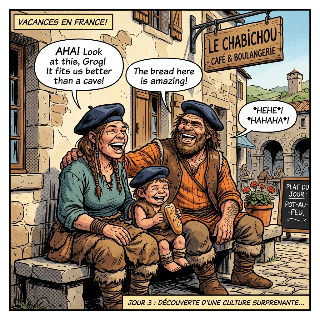 Family laughing outside a French café and boulangerie