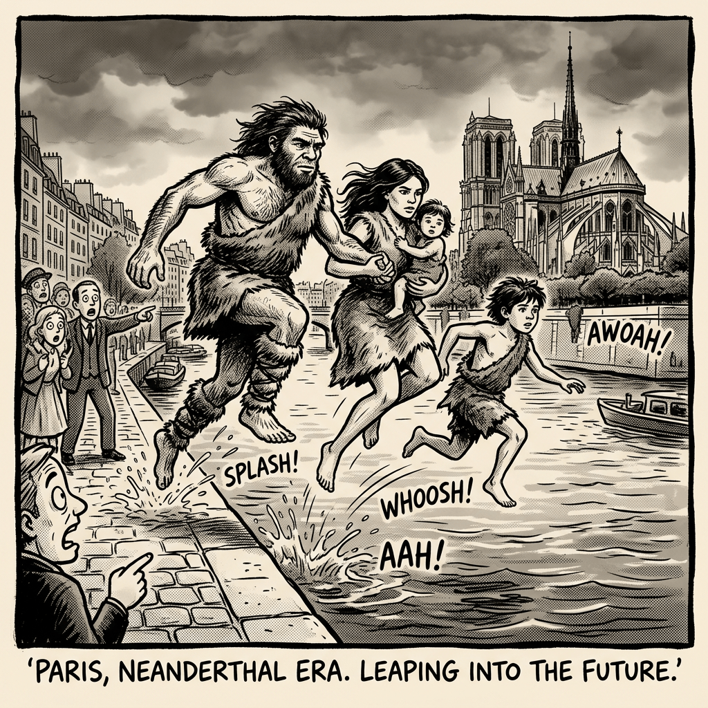 Neanderthal family leaping through Paris water; text: “SPLASH!”, “WHOOOSH!”, “AAH!”, “AWOAH!”, “PARIS, NEANDERTHAL ERA. LEAPING INTO THE FUTURE.”