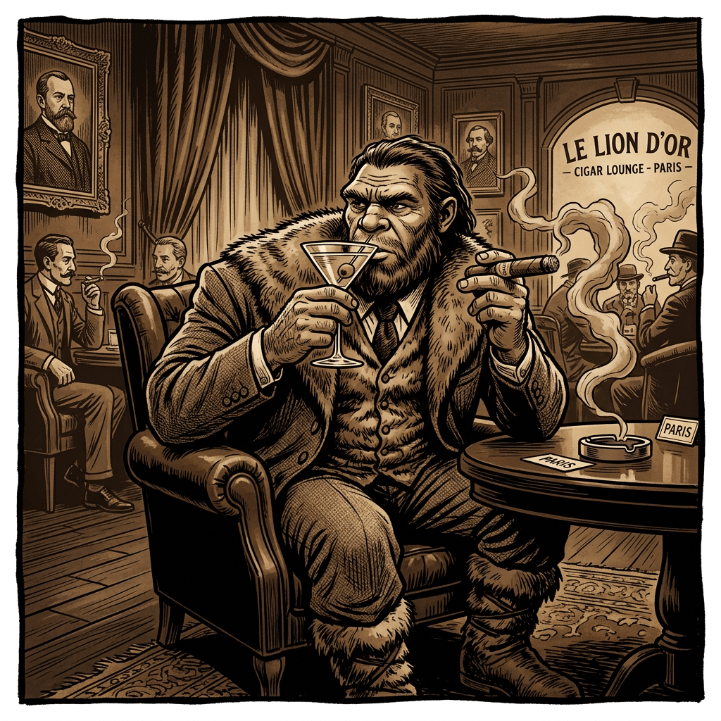 Fur-clad man holding a cocktail and cigar; text reads “LE LION D’OR CIGAR LOUNGE - PARIS” and “PARIS.”