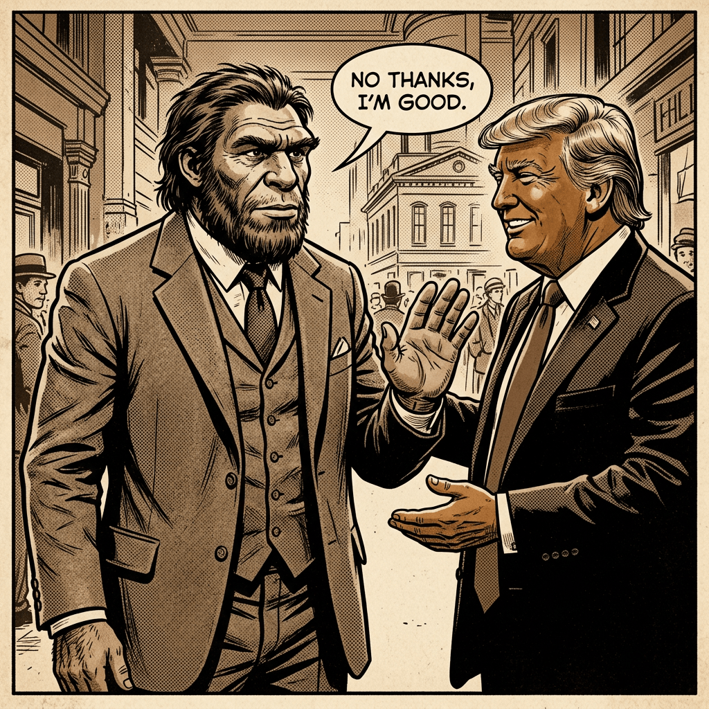 Vintage comic showing one suited man rejecting another's offer with “NO THANKS, I'M GOOD.”