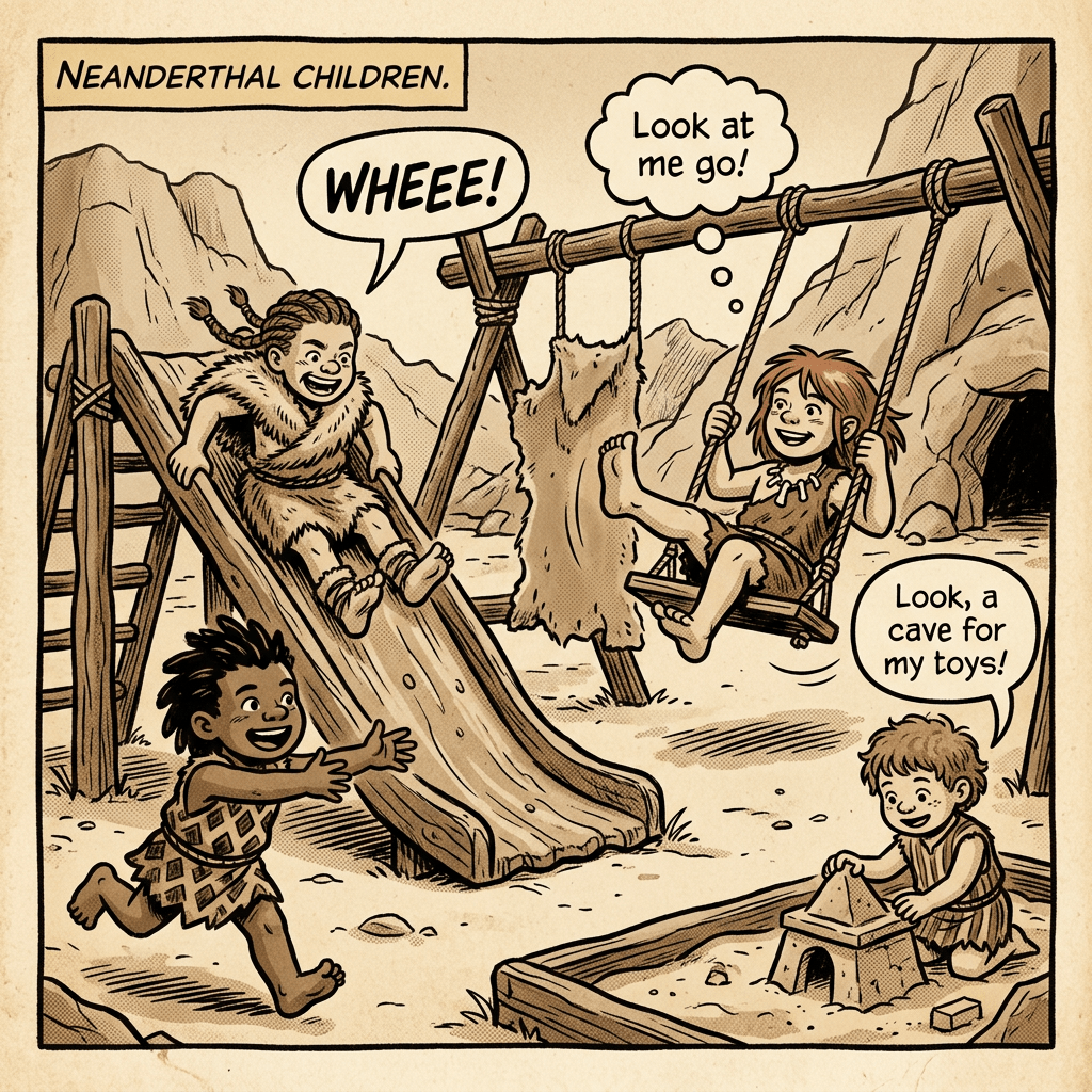 Comic panel of Neanderthal children playing on a slide, swing, and sand cave