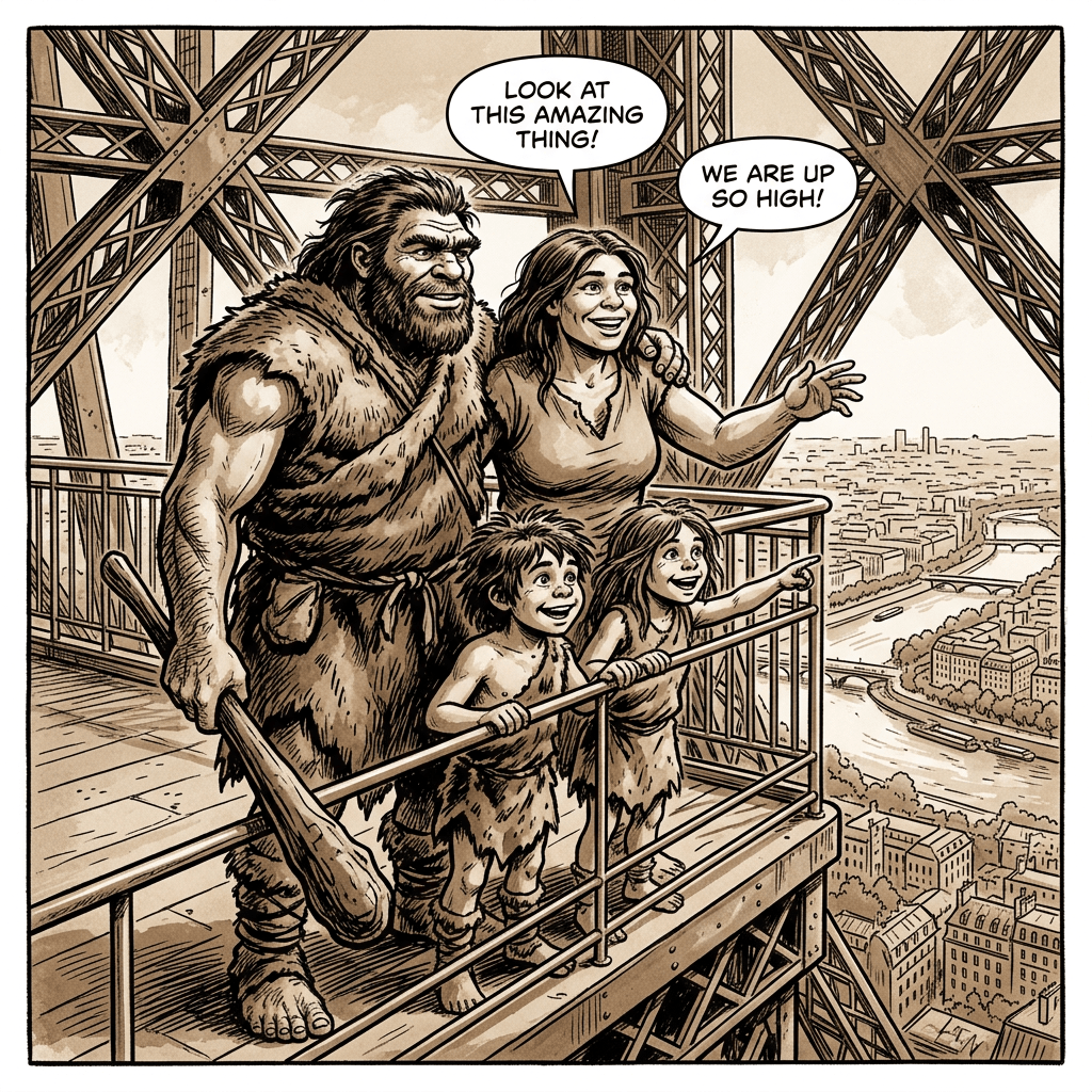 Caveman family on Eiffel Tower saying “LOOK AT THIS AMAZING THING!” and “WE ARE UP SO HIGH!”