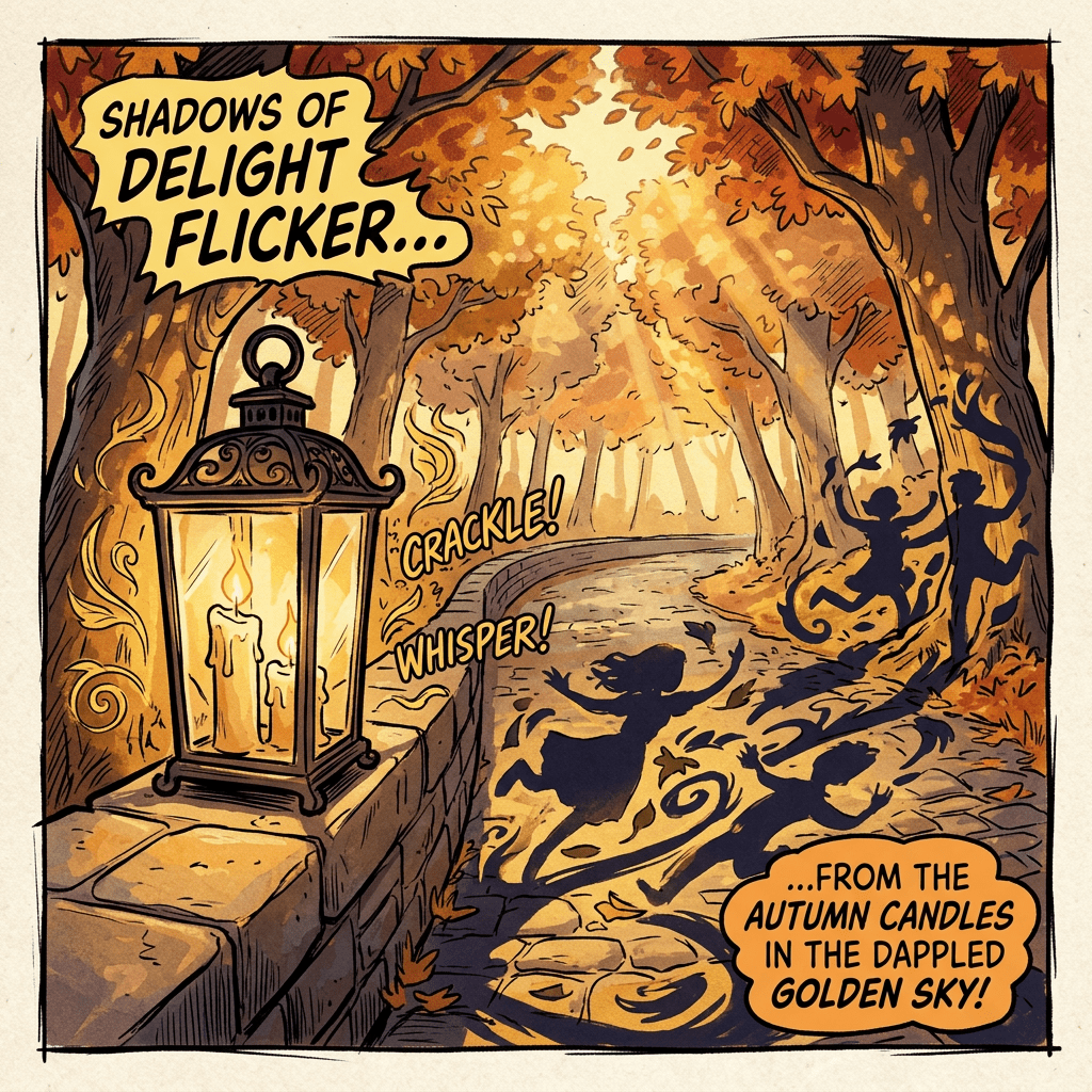 Candle lantern beside an autumn path with dancing shadows and text