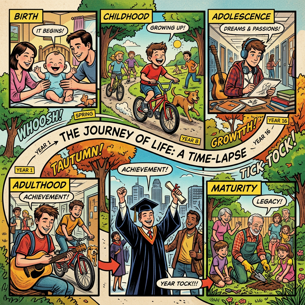 Comic timeline showing birth, childhood, adolescence, adulthood, achievement, and maturity