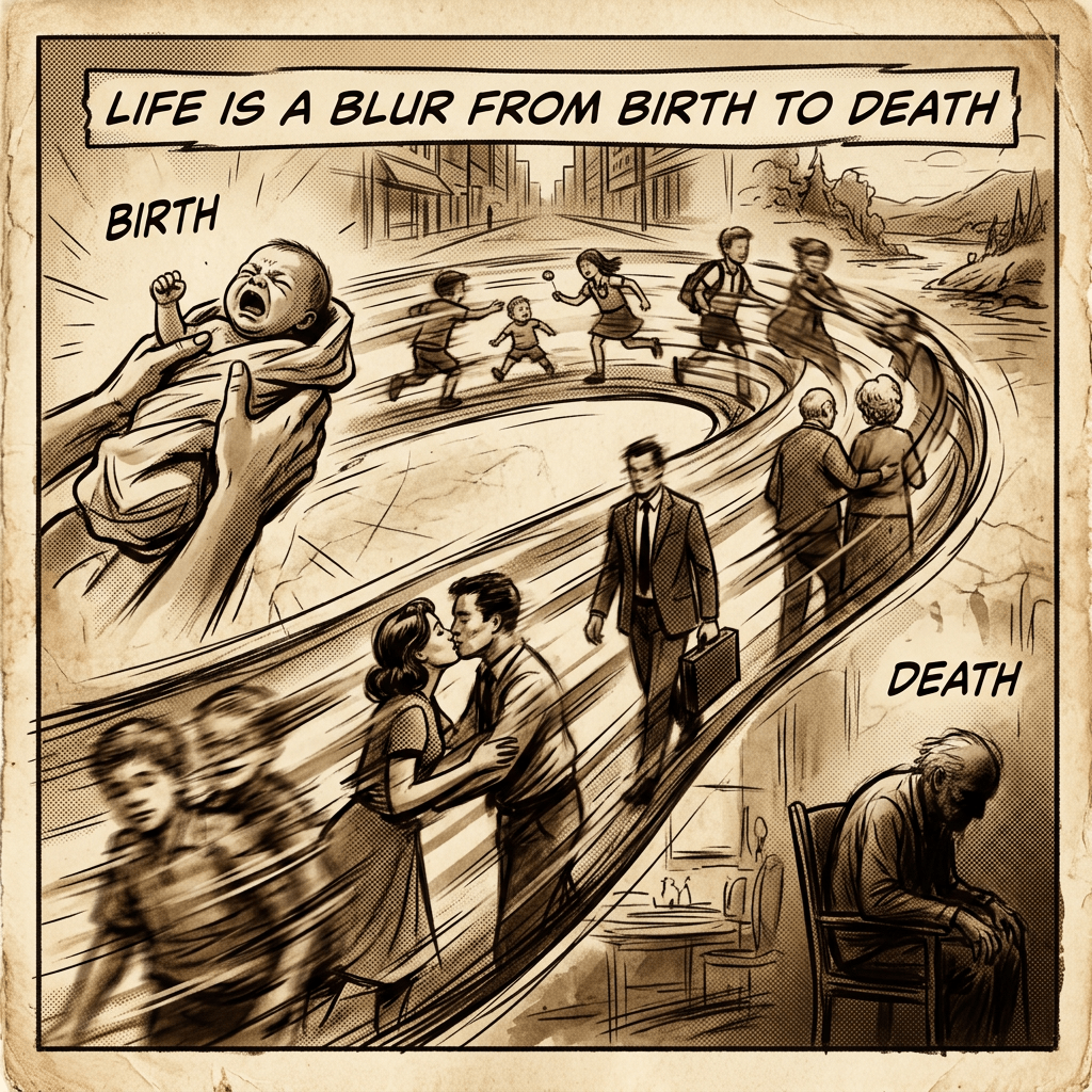 Comic illustration labeled life is a blur from birth to death, showing life stages