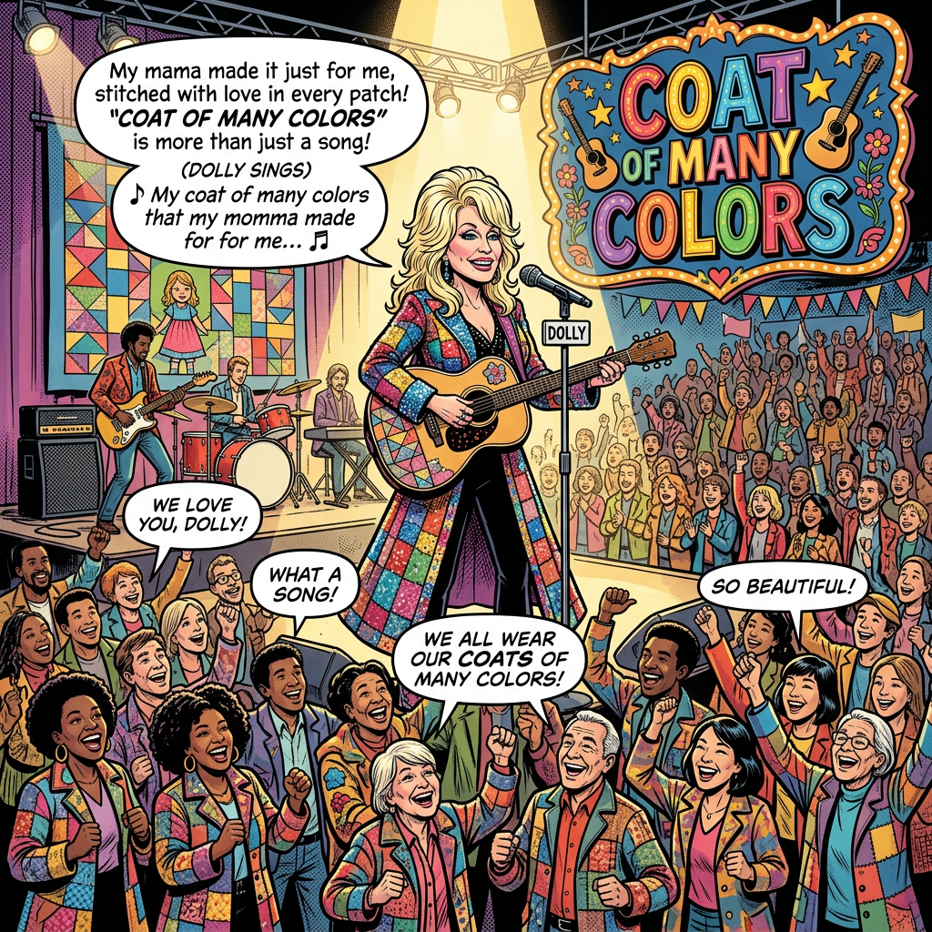 Comic illustration with text: “My mama made it just for me, stitched with love in every patch! ‘COAT OF MANY COLORS’ is more than just a song! (DOLLY SINGS) ♪ My coat of many colors that my momma made for me… ♫”; “COAT OF MANY COLORS”; “DOLLY”; “WE LOVE YOU, DOLLY!”; “WHAT A SONG!”; “WE ALL WEAR OUR COATS OF MANY COLORS!”; “SO BEAUTIFUL!”