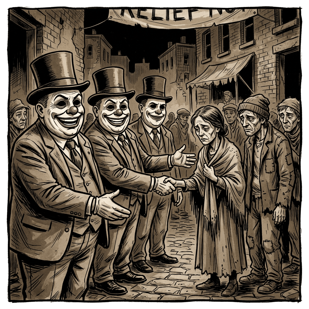 Three smiling men in top hats shake hands with a distressed woman