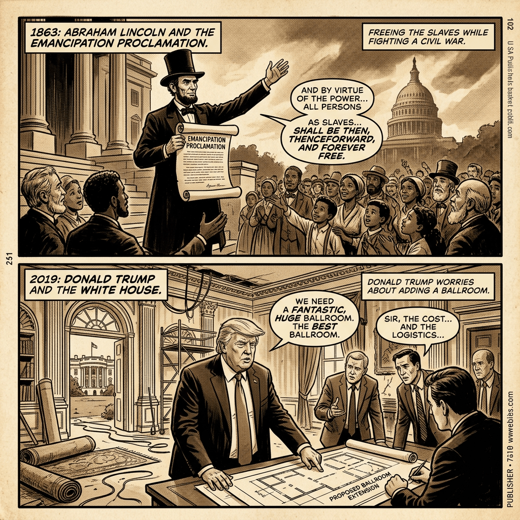 Two-panel comic: 1863 Abraham Lincoln presents the Emancipation Proclamation before the Capitol, while 2019 Donald Trump discusses adding a ballroom to the White House. Text reads: “1863: ABRAHAM LINCOLN AND THE EMANCIPATION PROCLAMATION.” “FREEING THE SLAVES WHILE FIGHTING A CIVIL WAR.” “AND BY VIRTUE OF THE POWER... ALL PERSONS AS SLAVES... SHALL BE THEN, THENCEFORWARD, AND FOREVER FREE.” “2019: DONALD TRUMP AND THE WHITE HOUSE.” “DONALD TRUMP WORRIES ABOUT ADDING A BALLROOM.” “WE NEED A FANTASTIC, HUGE BALLROOM. THE BEST BALLROOM.” “SIR, THE COST... AND THE LOGISTICS...” “PROPOSED BALLROOM EXTENSION.”