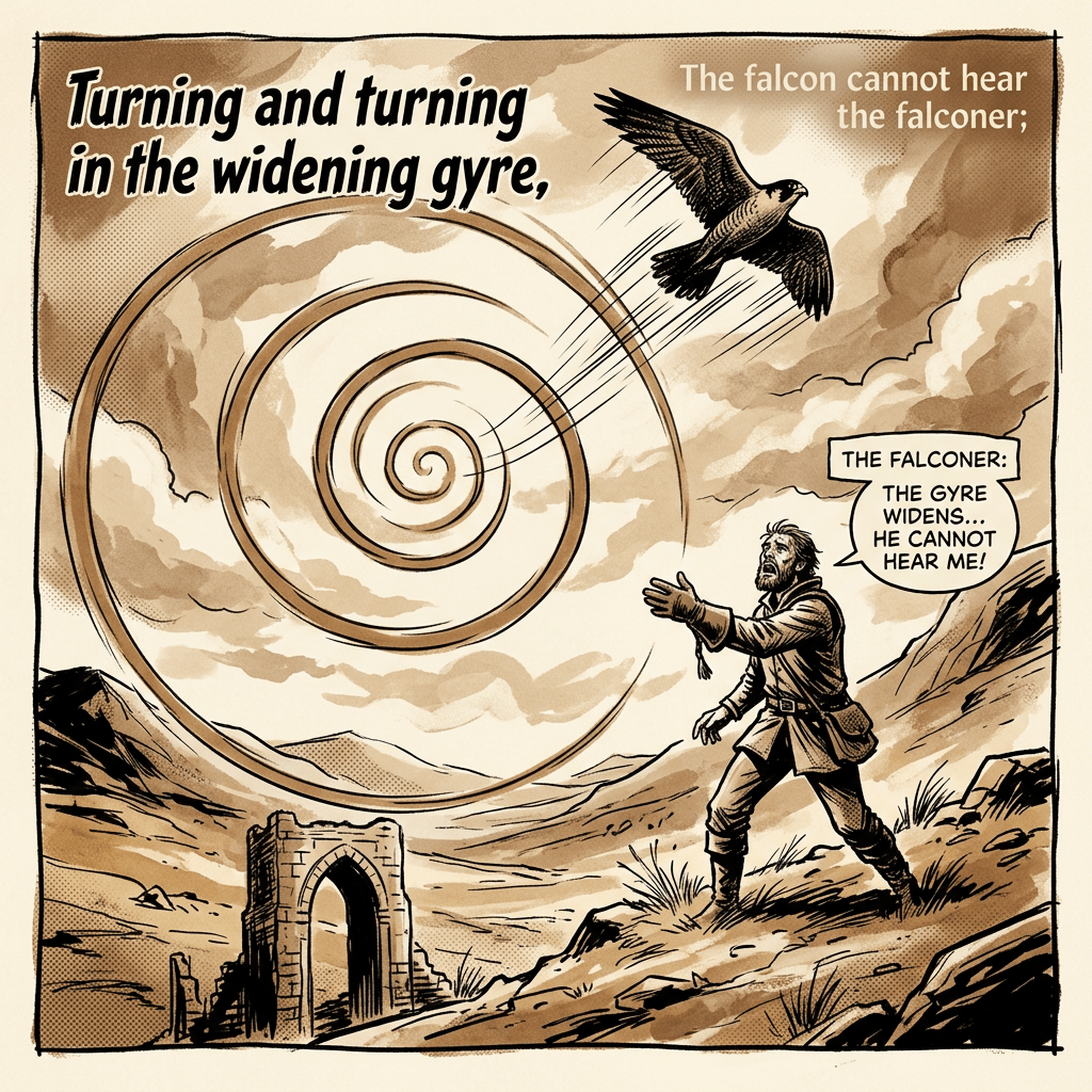 Comic panel reading “Turning and turning in the widening gyre,” “The falcon cannot hear the falconer,” and “THE FALCONER: THE GYRE WIDENS... HE CANNOT HEAR ME!” showing a falcon above a spiral landscape and a reaching man.