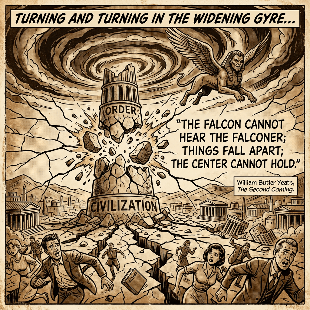 Comic-style illustration with text: "TURNING AND TURNING IN THE WIDENING GYRE..."; a shattered tower labeled "ORDER" rises from a broken pedestal labeled "CIVILIZATION" above a city in ruins, while a winged falcon flies overhead. Text reads: "THE FALCON CANNOT HEAR THE FALCONER; THINGS FALL APART; THE CENTER CANNOT HOLD." Attribution: "William Butler Yeats, The Second Coming." A fallen book is labeled "HISTORY."
