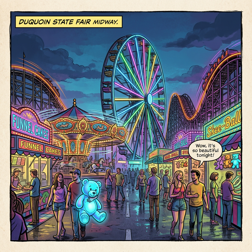 Comic-style DuQuoin State Fair midway with Ferris wheel, rides, food stalls, and crowds