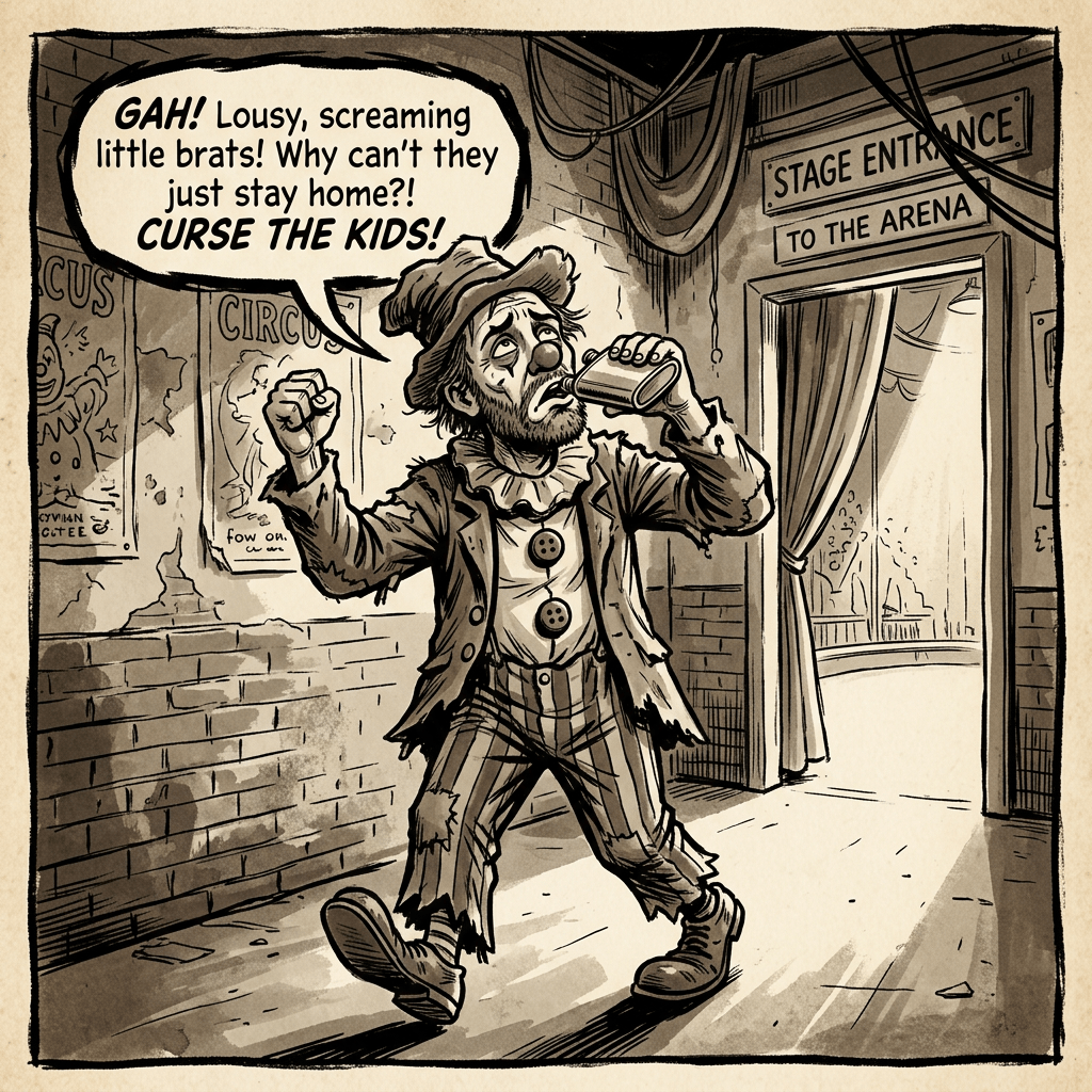 Clown drinking backstage and shouting, “GAH! Lousy, screaming little brats! Why can’t they just stay home?! CURSE THE KIDS!” Signs read “STAGE ENTRANCE” and “TO THE ARENA.”