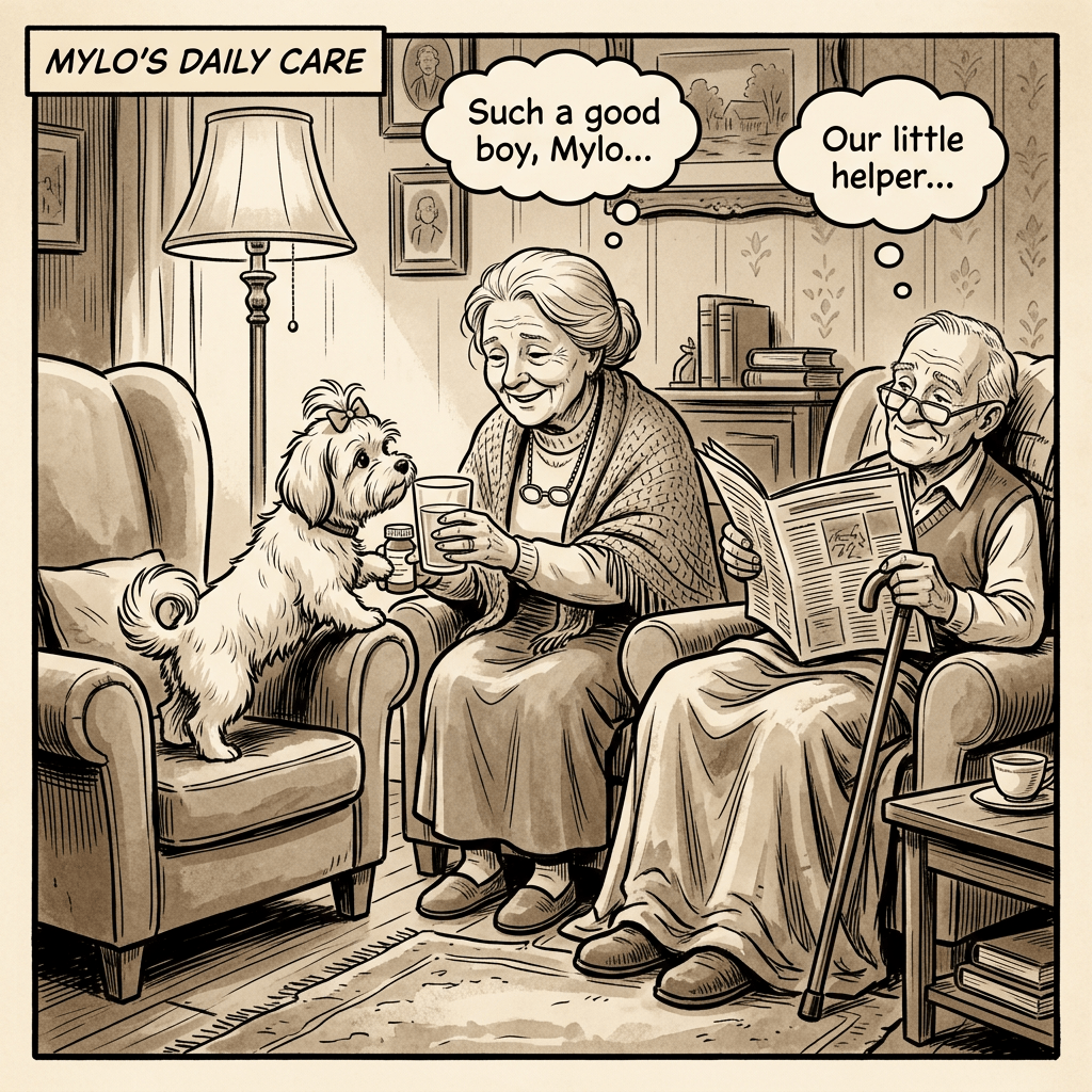 MYLO’S DAILY CARE; “Such a good boy, Mylo…”; “Our little helper…”