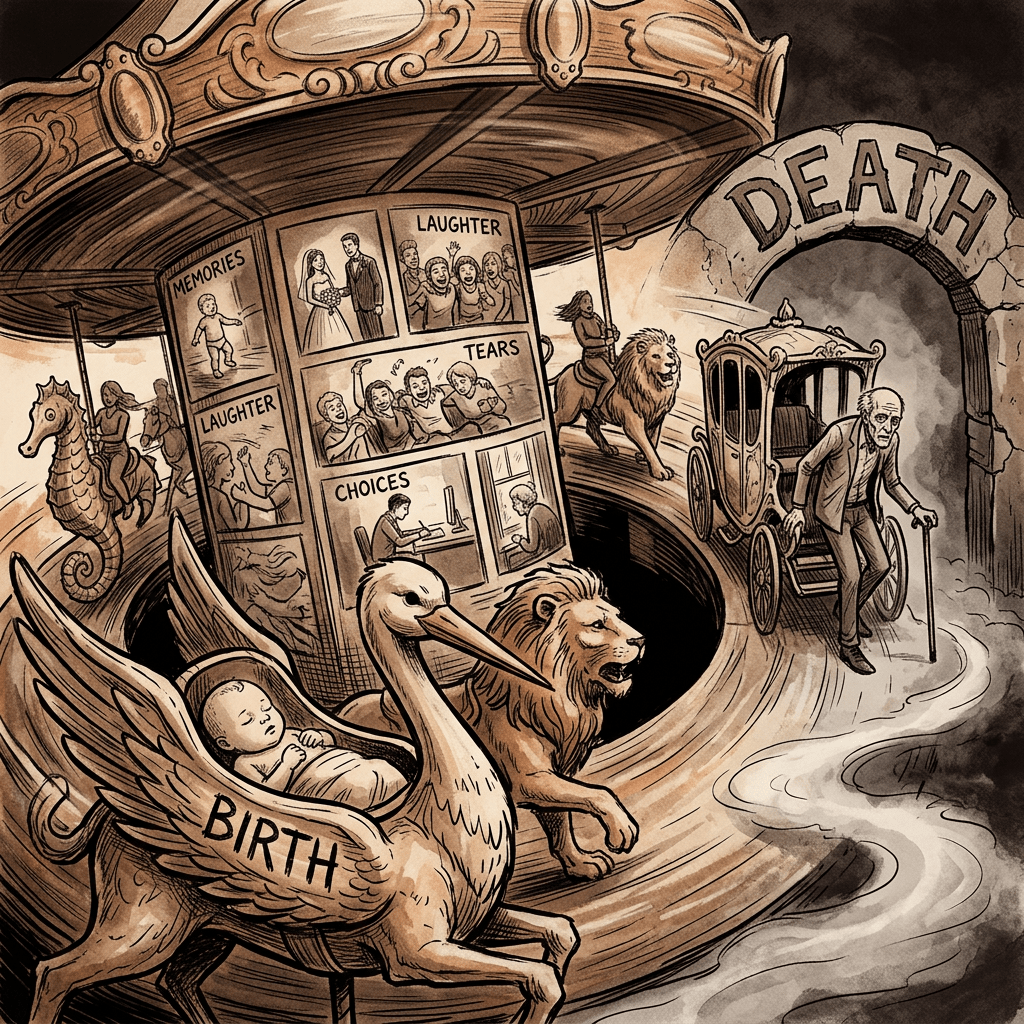 Allegory labeled BIRTH, MEMORIES, LAUGHTER, TEARS, CHOICES, and DEATH