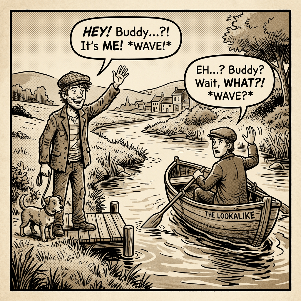Comic panel with text: HEY! Buddy...?! It’s ME! *WAVE!*; EH...? Buddy? Wait, WHAT?! *WAVE?*; THE LOOKALIKE