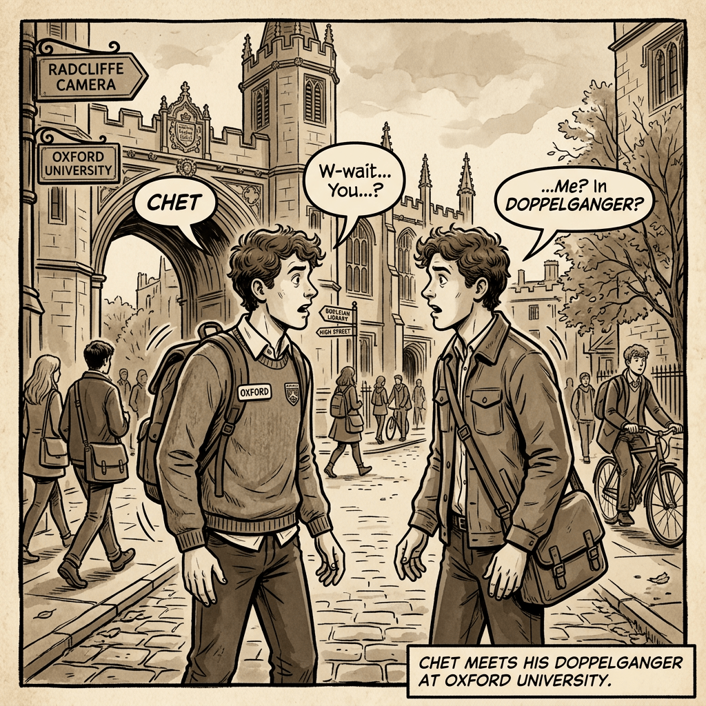 Comic panel of Chet meeting his doppelganger at Oxford University