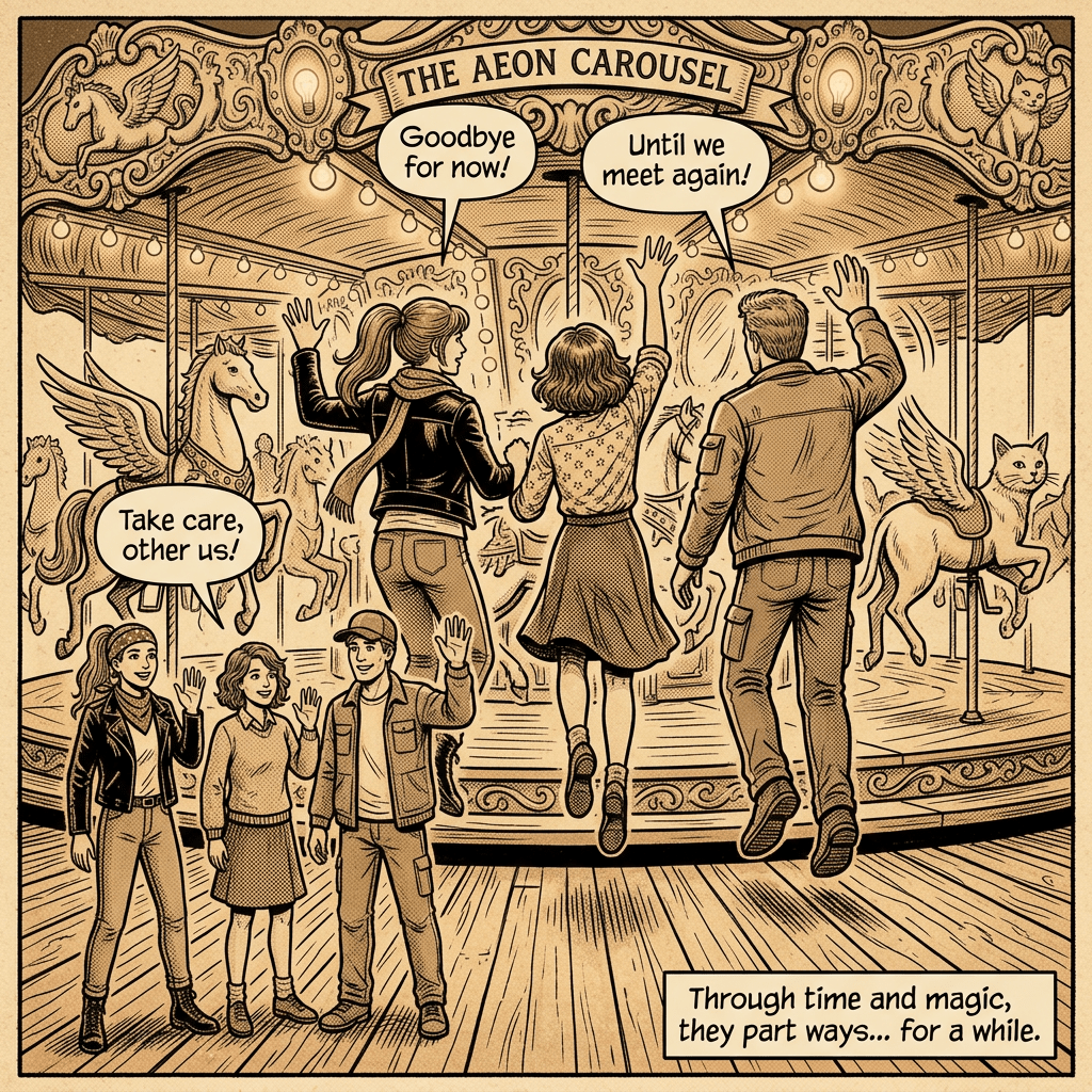 Friends board a magical carousel, waving goodbye