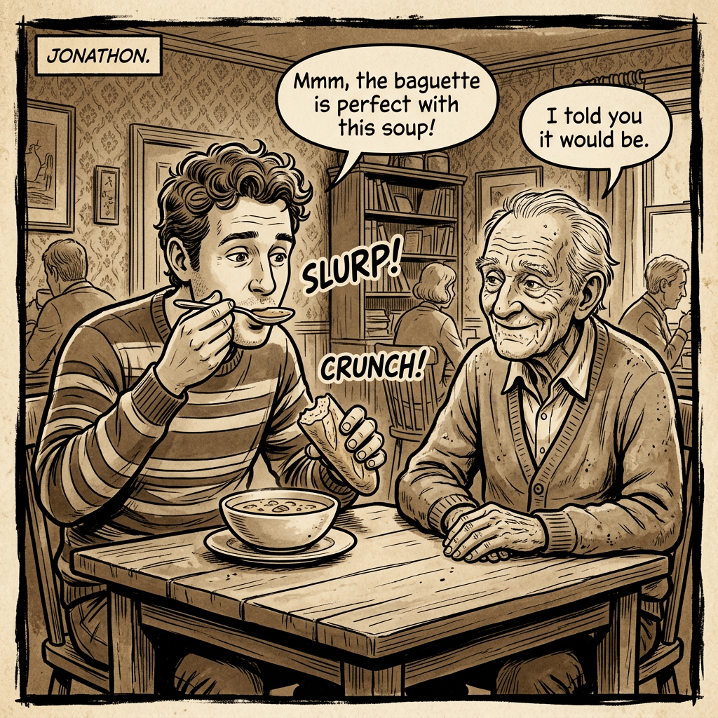 Comic with Jonathon eating soup and baguette; text reads “JONATHON.”, “Mmm, the baguette is perfect with this soup!”, “I told you it would be.”, “SLURP!”, and “CRUNCH!”