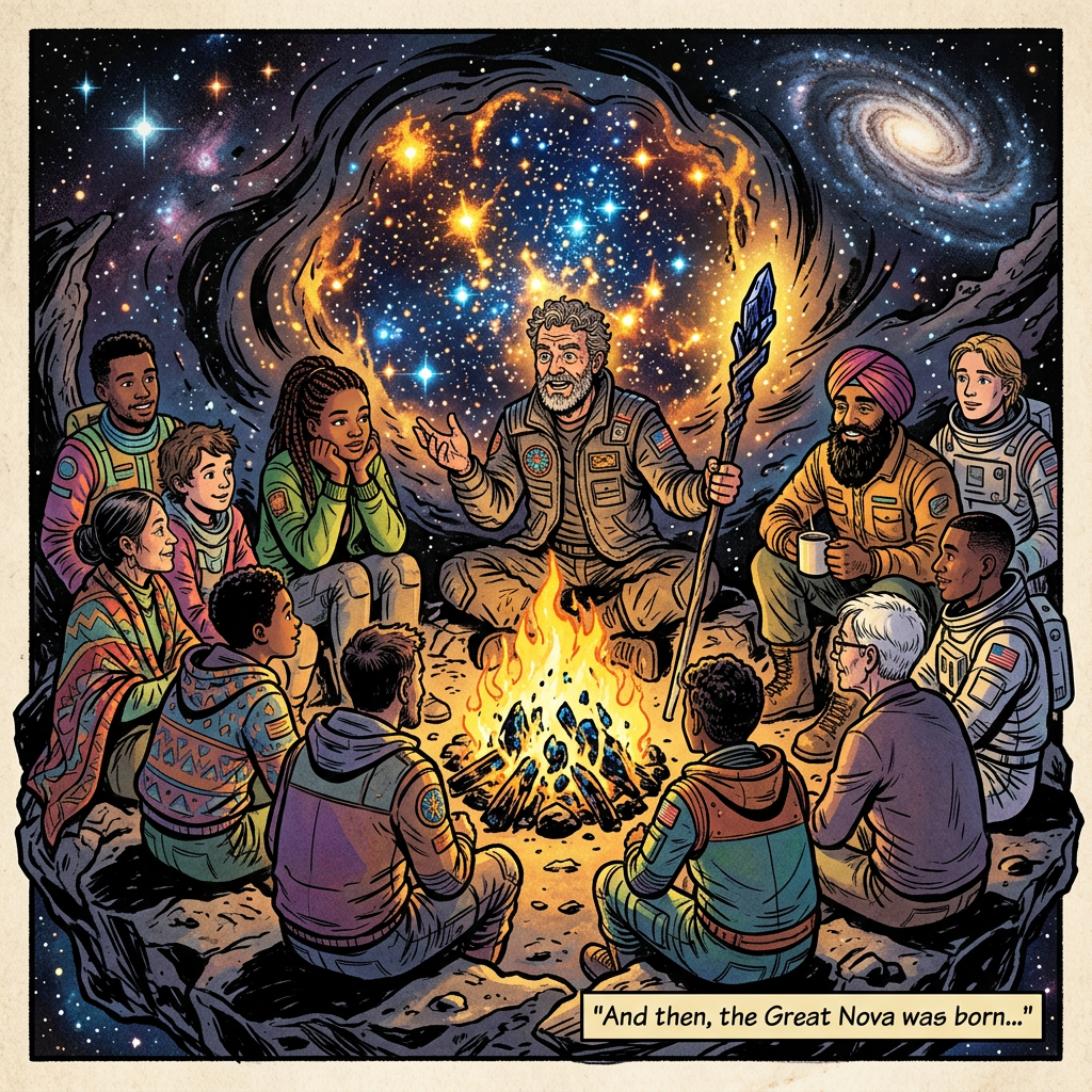 Space travelers around a campfire; text reads, “And then, the Great Nova was born…”