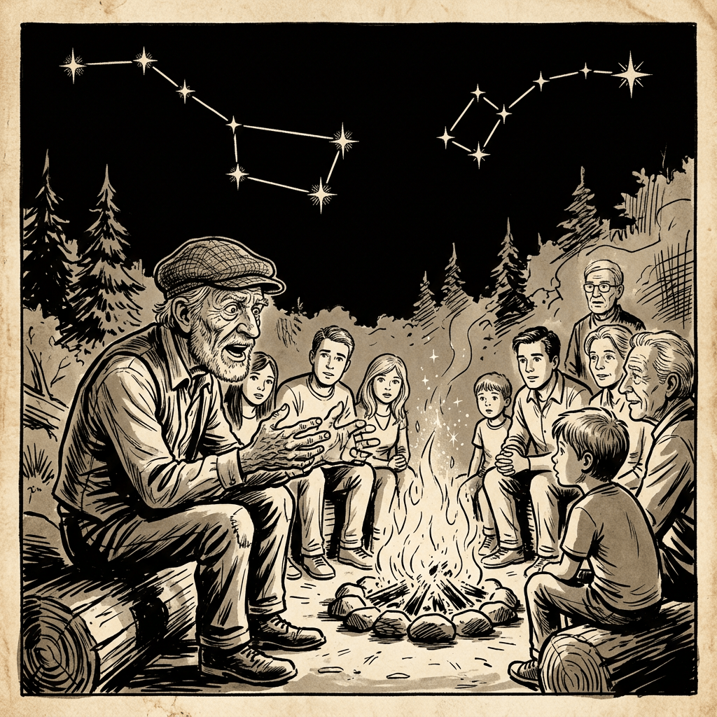 Older man telling a story to a family around a campfire