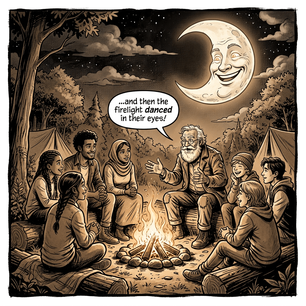 Group listening to a storyteller around a campfire beneath a smiling crescent moon