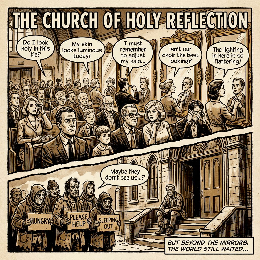 Comic titled "THE CHURCH OF HOLY REFLECTION" shows churchgoers admiring themselves while homeless people hold "HUNGRY," "PLEASE HELP," and "SLEEPING OUT" signs; text reads "Do I look holy in this tie?" "My skin looks luminous today!" "I must remember to adjust my halo..." "Isn't our choir the best looking?" "The lighting in here is so flattering!" "Maybe they don't see us...?" and "BUT BEYOND THE MIRRORS, THE WORLD STILL WAITER..."