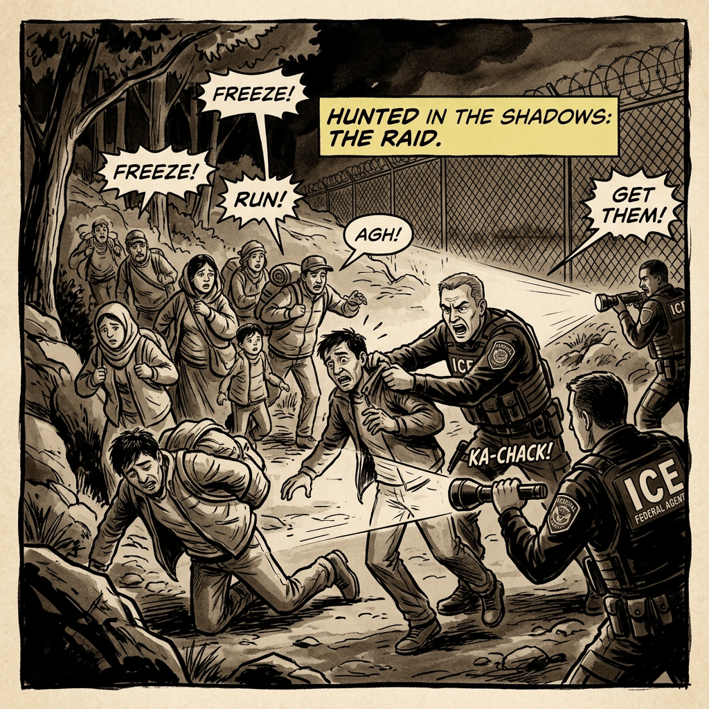 Comic panel with migrants fleeing federal agents near a barbed-wire fence; text reads “FREEZE!”, “FREEZE!”, “RUN!”, “AGH!”, “GET THEM!”, “HUNTED IN THE SHADOWS: THE RAID.”, and “KA-CHACK!”