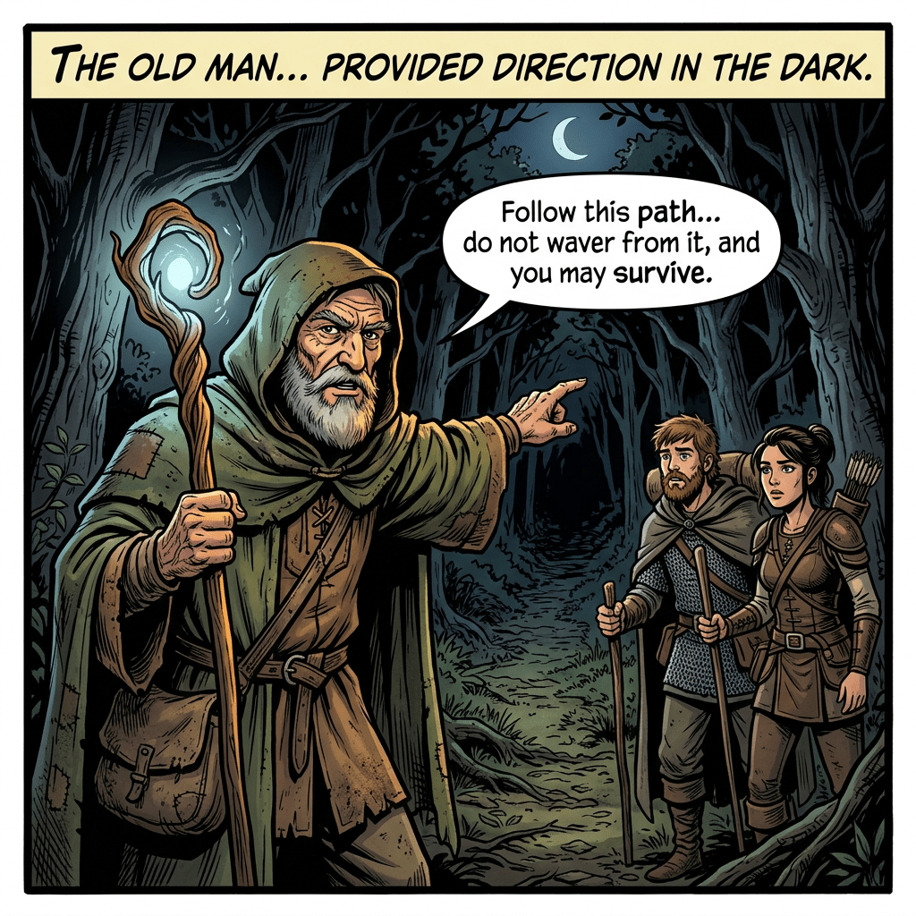 Old man points two adventurers along a dark forest path, warning them to stay on course.