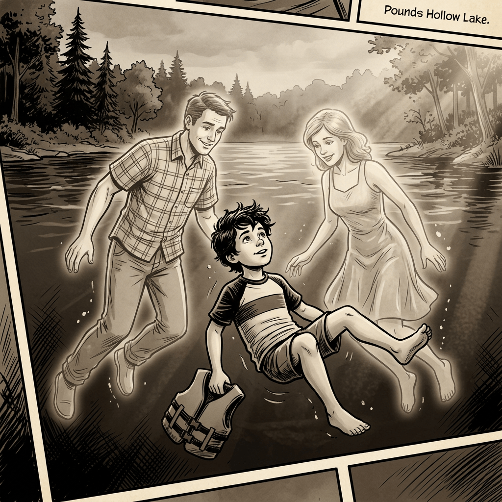 Comic panel labeled "Pounds Hollow Lake" showing three people in water