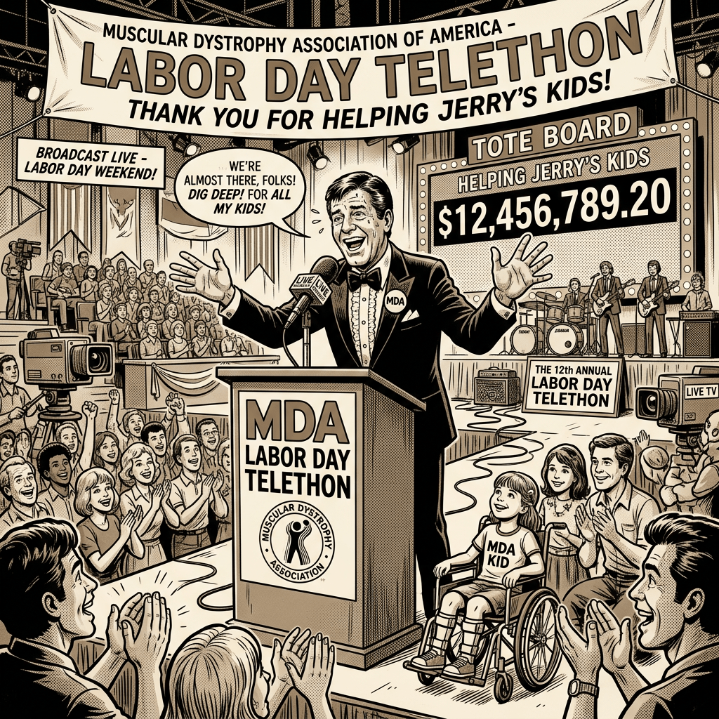 Muscular Dystrophy Association Labor Day Telethon; Labor Day Telethon; Thank you for helping Jerry’s kids; Broadcast live—Labor Day weekend; We’re almost there, folks! Dig deep! For all my kids!; Tote board helping Jerry’s kids $12,456,789.20; The 12th annual Labor Day Telethon; MDA Labor Day Telethon; MDA Kid; Live TV