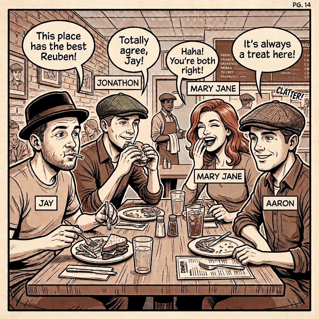 Comic panel of Jay, Aaron, Jonathon, and Mary Jane dining together; speech bubbles praise Reuben sandwiches.